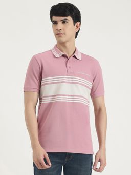 United Colors of Benetton - Men Mauve Polycotton Stripes Collar Neck Polo T-shirt