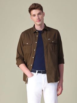 U.S. Polo Assn. Denim Co. - Men Brown Cotton Solid Collar Neck Shirt