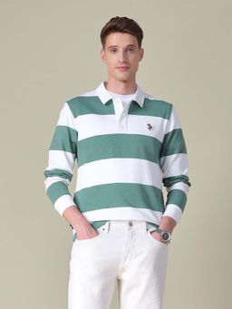 U.S. Polo Assn. Denim Co. - Men Green Cotton Stripes Collar Neck Polo T-shirt