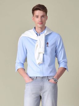 U.S. POLO ASSN. - Men Blue Cotton Self Design Collar Neck Shirt