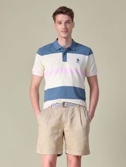 U.S. POLO ASSN. - Men Blue Cotton Colorblock Collar Neck Polo T-shirt