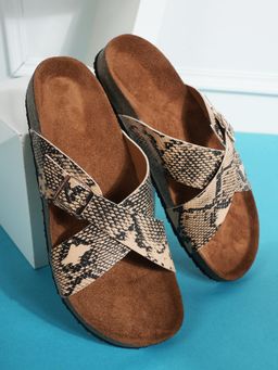 MOZAFIA - Beige Printed Arch Support Cork Sandals for Women