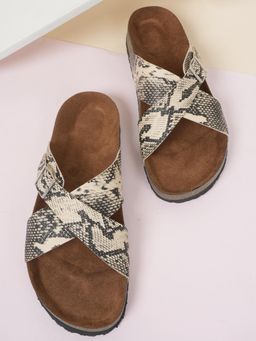 MOZAFIA - Cream Printed Arch Support Cork Sandals for Women