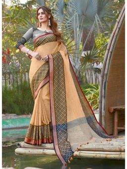 Sangam Prints - Beige Thread Work Traditional Saree with Unstitched Blouse