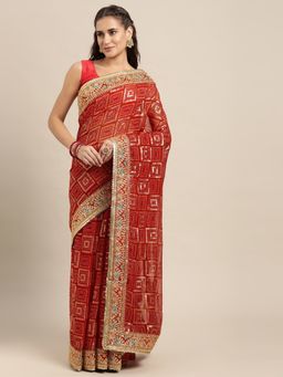 Vastranand - Red & Golden Sequinned Bandhani Saree with Unstitched Blouse