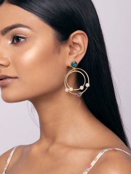 Indya - Gold Multi Stone Concentric Hoop Dangler Earrings