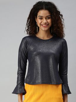 SHOWOFFFF - Women Round Neck Bell Sleeves Textured Navy Blue Top