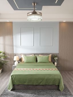House of Owlet - Eden Green 300Tc Cotton Flat Embroidered Bedsheet with 2 Pillow Covers (Super King)