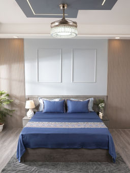 House of Owlet - Misty Blue 300Tc Cotton Flat Embroidered Bedsheet with 2 Pillow Covers (Super King)