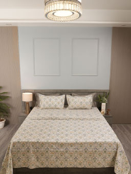 House of Owlet - Grey 210Tc Cotton Flat Floral Bedsheet with 2 Pillow Covers (Super King)