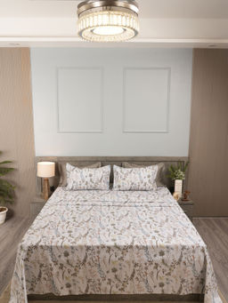 House of Owlet - Light Grey 210Tc Cotton Flat Floral Bedsheet with 2 Pillow Covers (Super King)