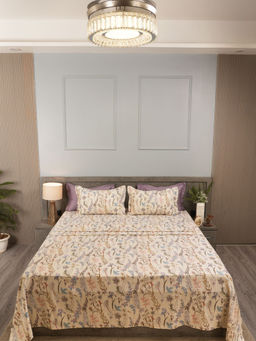 House of Owlet - Cream 210Tc Cotton Flat Floral Bedsheet with 2 Pillow Covers (Super King)