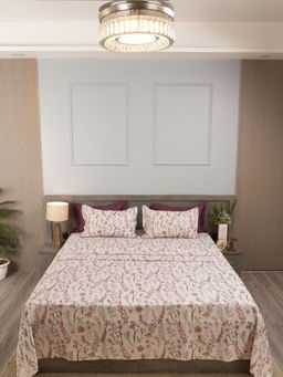 House of Owlet - Pink 210Tc Cotton Flat Floral Bedsheet with 2 Pillow Covers (Super King)