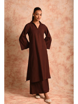 LAALZARI - Solid Brown Linen Kurta with Palazzo (Set of 2)