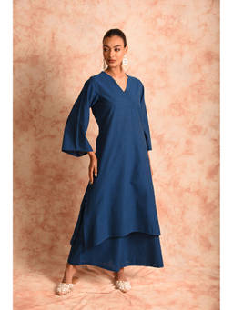LAALZARI - Solid Blue Linen Kurta with Palazzo (Set of 2)