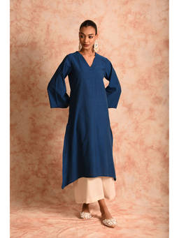LAALZARI - Solid Blue Linen Kurta with Palazzo (Set of 2)