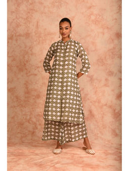 LAALZARI - Printed Green Linen Kurta with Palazzo (Set of 2)