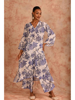 LAALZARI - White Floral Printed Linen Kurta with Palazzo (Set of 2)