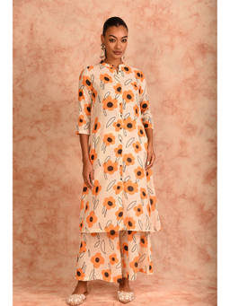 LAALZARI - Cream Floral Kurta with Palazzo (Set of 2)