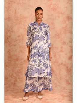 LAALZARI - White Blue Printed Kurta with Palazzo (Set of 2)