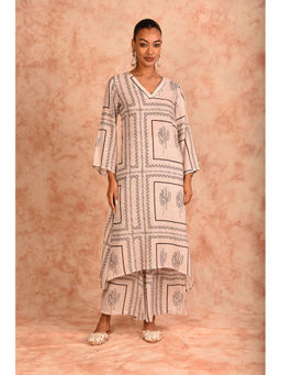 LAALZARI - Off White V-Neck Printed Linen Kurta with Palazzo (Set of 2)