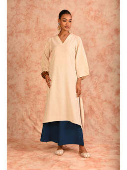 LAALZARI - Navy Blue Printed Linen Kurta with Palazzo (Set of 2)