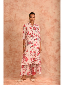 LAALZARI - White Printed Linen Kurta with Palazzo (Set of 2)