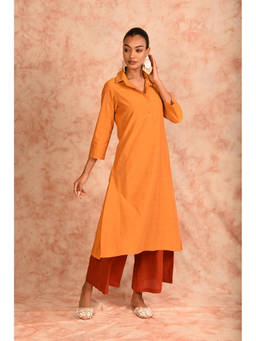 LAALZARI - Collar Neck Mustard Linen Kurta with Palazzo (Set of 2)
