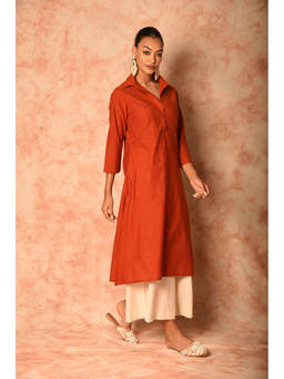 LAALZARI - Crimson Linen Rust Kurta with Palazzo (Set of 2)