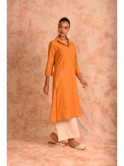 LAALZARI - Collar Neck Orange Linen Kurta with Palazzo (Set of 2)