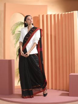 Beatitude - Black Woven Blended Cotton Saree with Unstitched Blouse