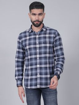 Cantabil - Mens Navy Blue Checks Full Sleeves Casual Shirt