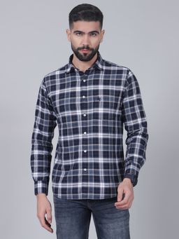 Cantabil - Mens Navy Blue Checks Full Sleeves Casual Shirt