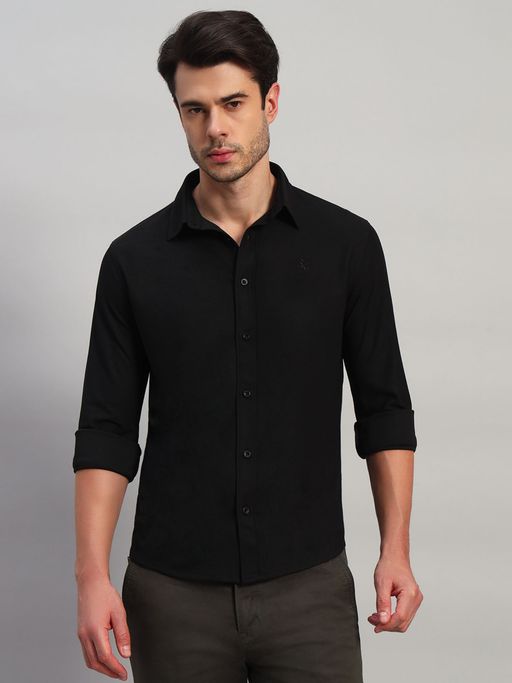 Cantabil Mens Black Spread Collar Solid Cotton Casual Shirt