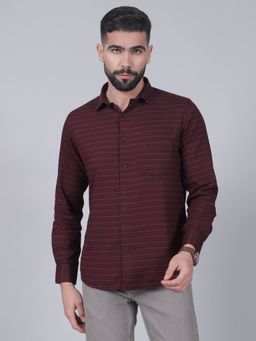 Cantabil - Mens Maroon Striped Full Sleeves Casual Shirt
