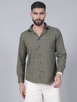 Cantabil - Mens Olive Checks Full Sleeves Casual Shirt