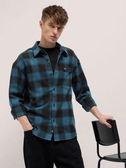 The Bear House - Mens Blue Relaxed Fit Checks Casual Shirt