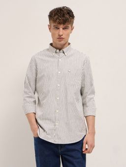 The Bear House - Mens Cream Slim Fit Striped Cotton Casual Shirt