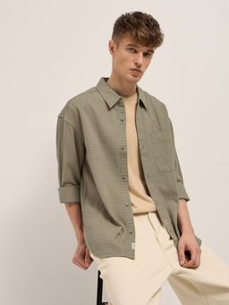 The Bear House - Mens Olive Relaxed Fit Textured Cotton Casual Shirt