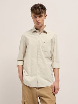 The Bear House - Mens Beige Slim Fit Solid Cotton Casual Shirt