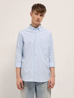 The Bear House - Mens Blue Slim Fit Striped Cotton Casual Shirt