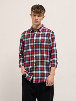 The Bear House - Mens Red Slim Fit Checks Cotton Casual Shirt