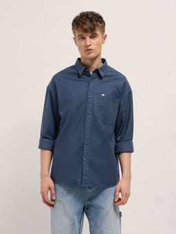 The Bear House - Mens Navy Blue Relaxed Fit Solid Cotton Casual Shirt