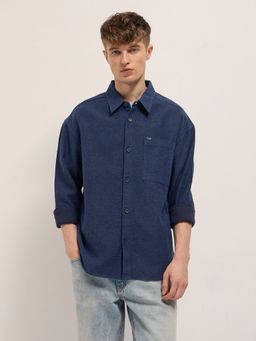 The Bear House - Mens Navy Blue Relaxed Fit Textured Casual Shirt