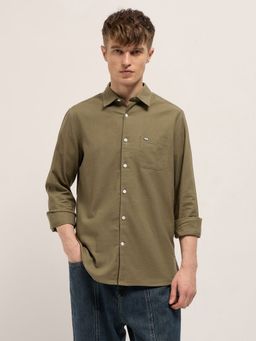 The Bear House - Mens Khaki Slim Fit Solid Casual Shirt