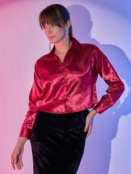 Buynewtrend - Red Women's Cropped Formal Satin Shirts