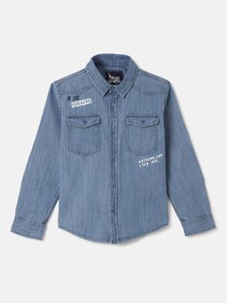 Blue Giraffe - Boys Mid Blue Washed Collar Full Sleeves Shirt