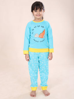 KiddoPanti - Girls Blue Cotton Dinno Snore Printed Sweatshirt with Pyjama (Set of 2)