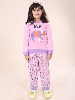 KiddoPanti - Girls Purple Cotton Wild Bear Printed Sweatshirt with Pyjama (Set of 2)