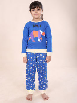 KiddoPanti - Girls Blue Cotton Wild Bear Printed Sweatshirt with Pyjama (Set of 2)